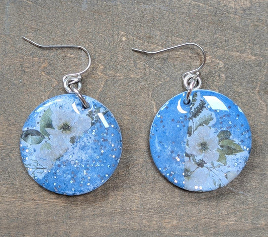 Blue Floral Circle Earrings