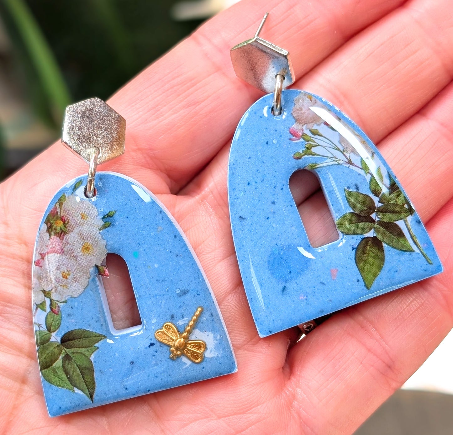 Arched Blue Floral Earrings