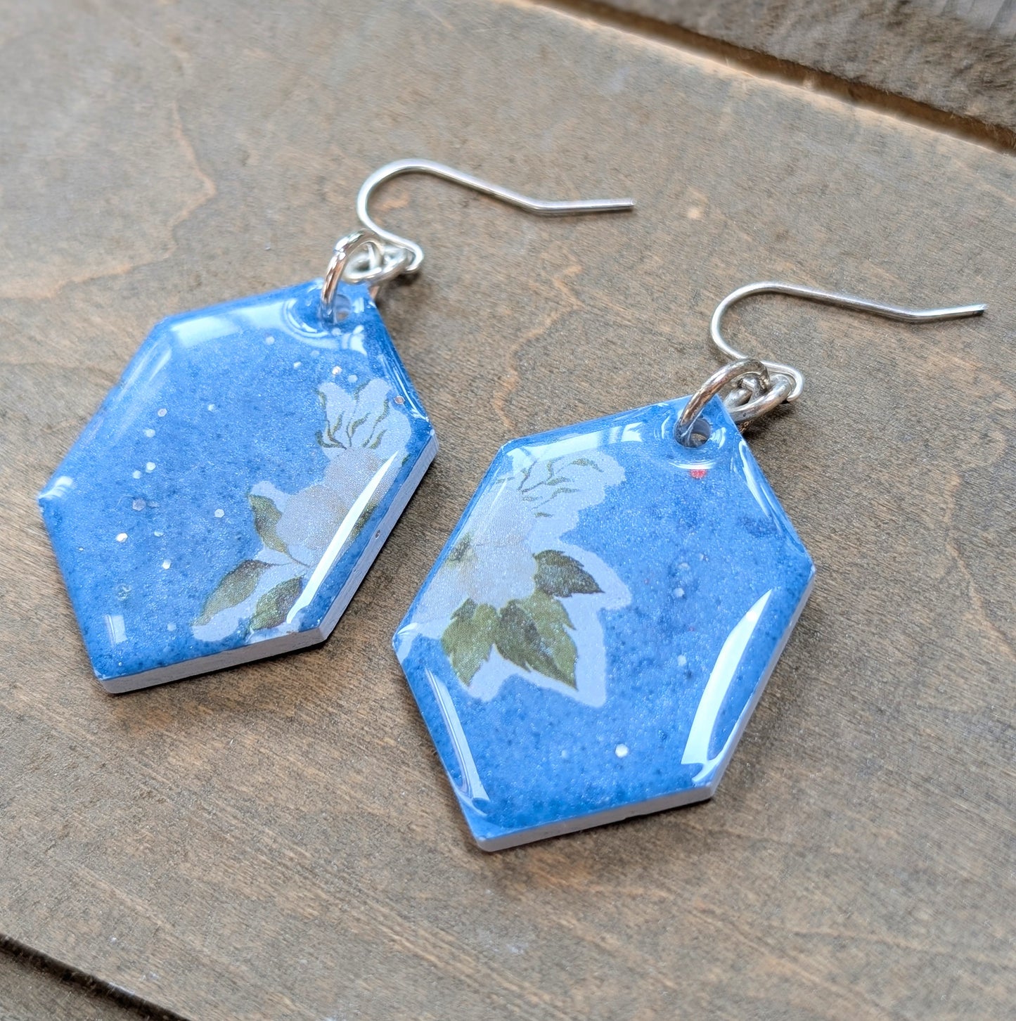 Geometric Blue Floral Earrings