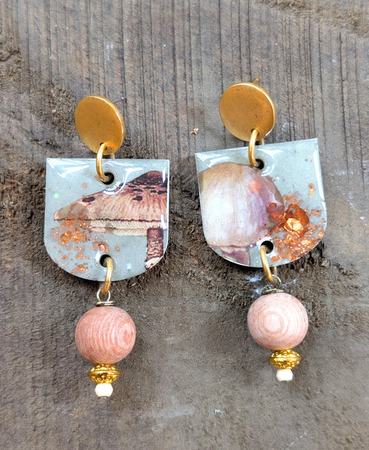 Mushroom Earrings with Wood Beads