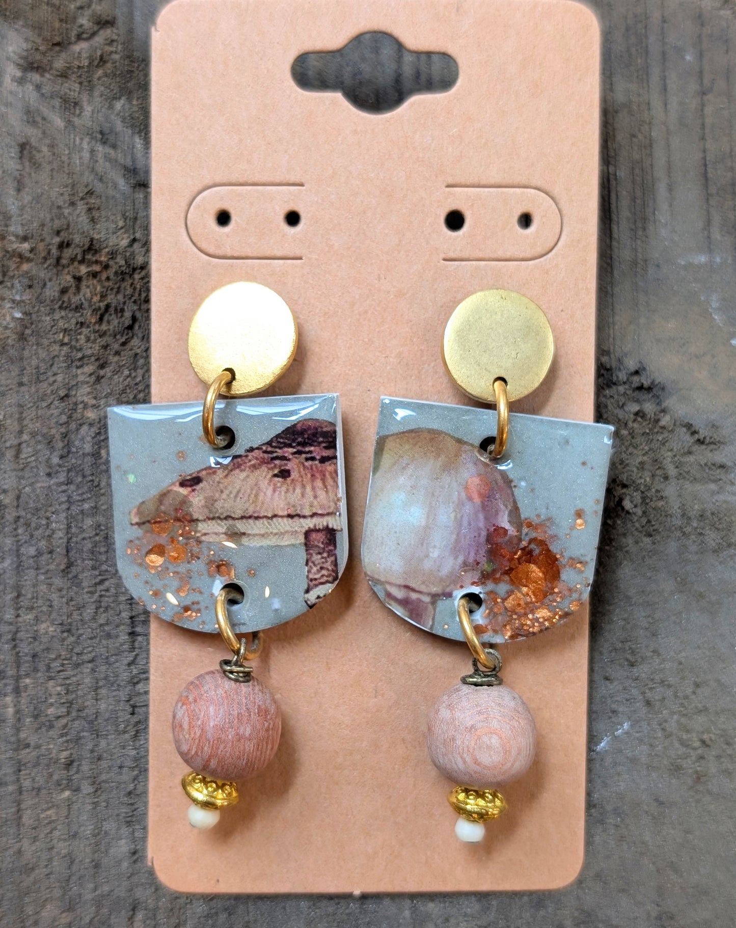 Mushroom Earrings with Wood Beads