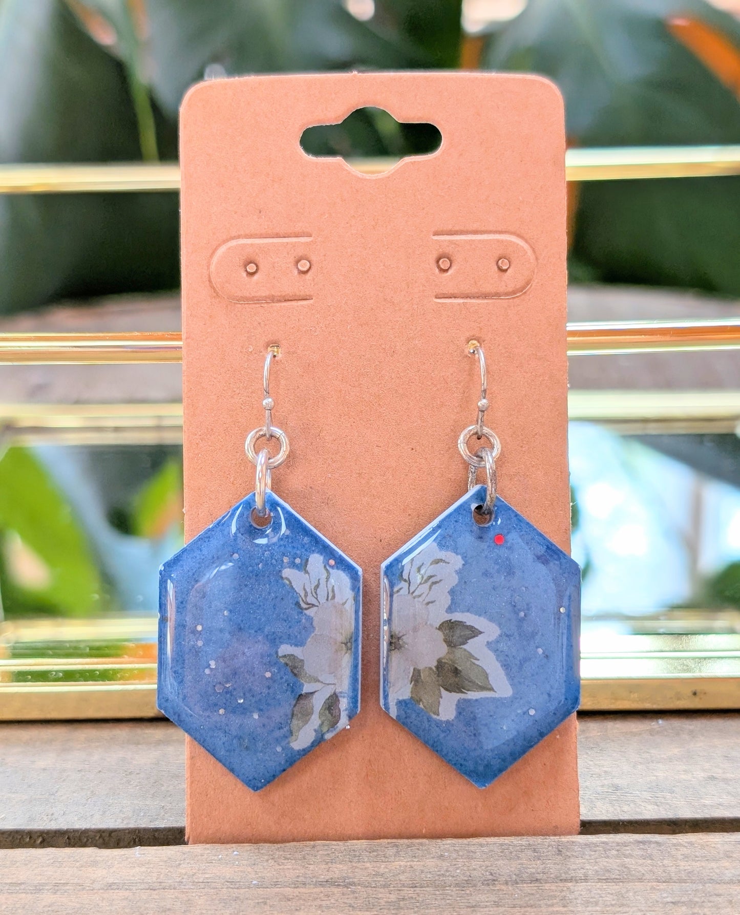 Geometric Blue Floral Earrings