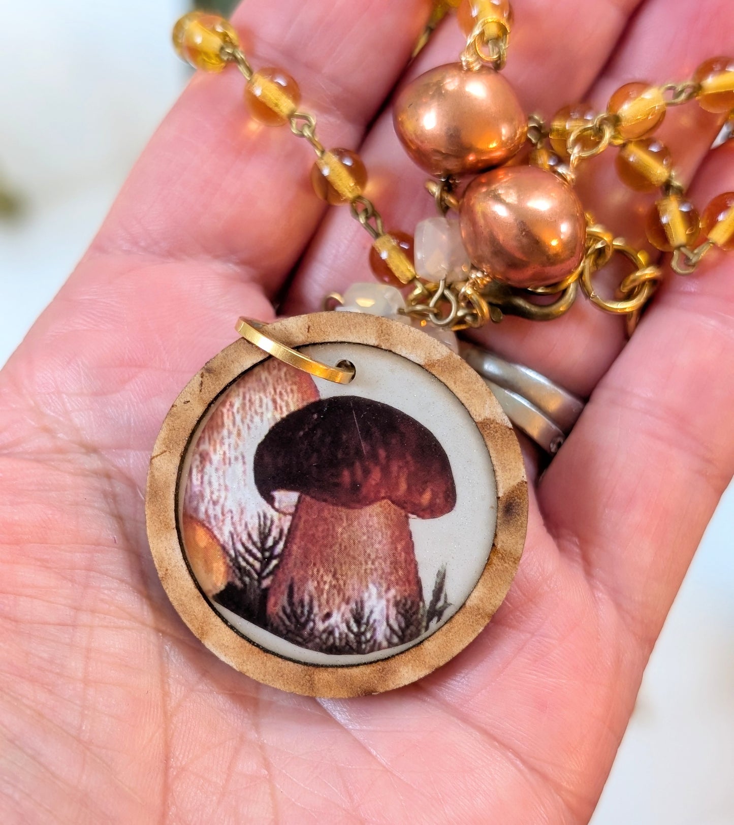 Mushroom Pendant Necklace with Vintage Chain