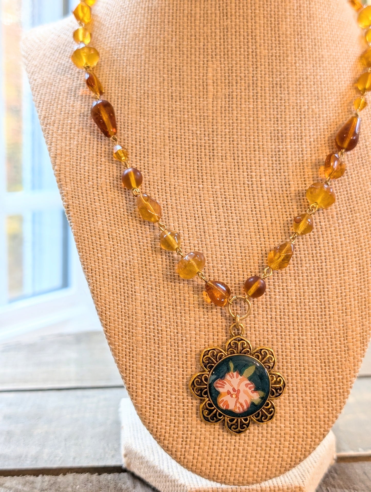 Floral Pendant Necklace with Amber Chain