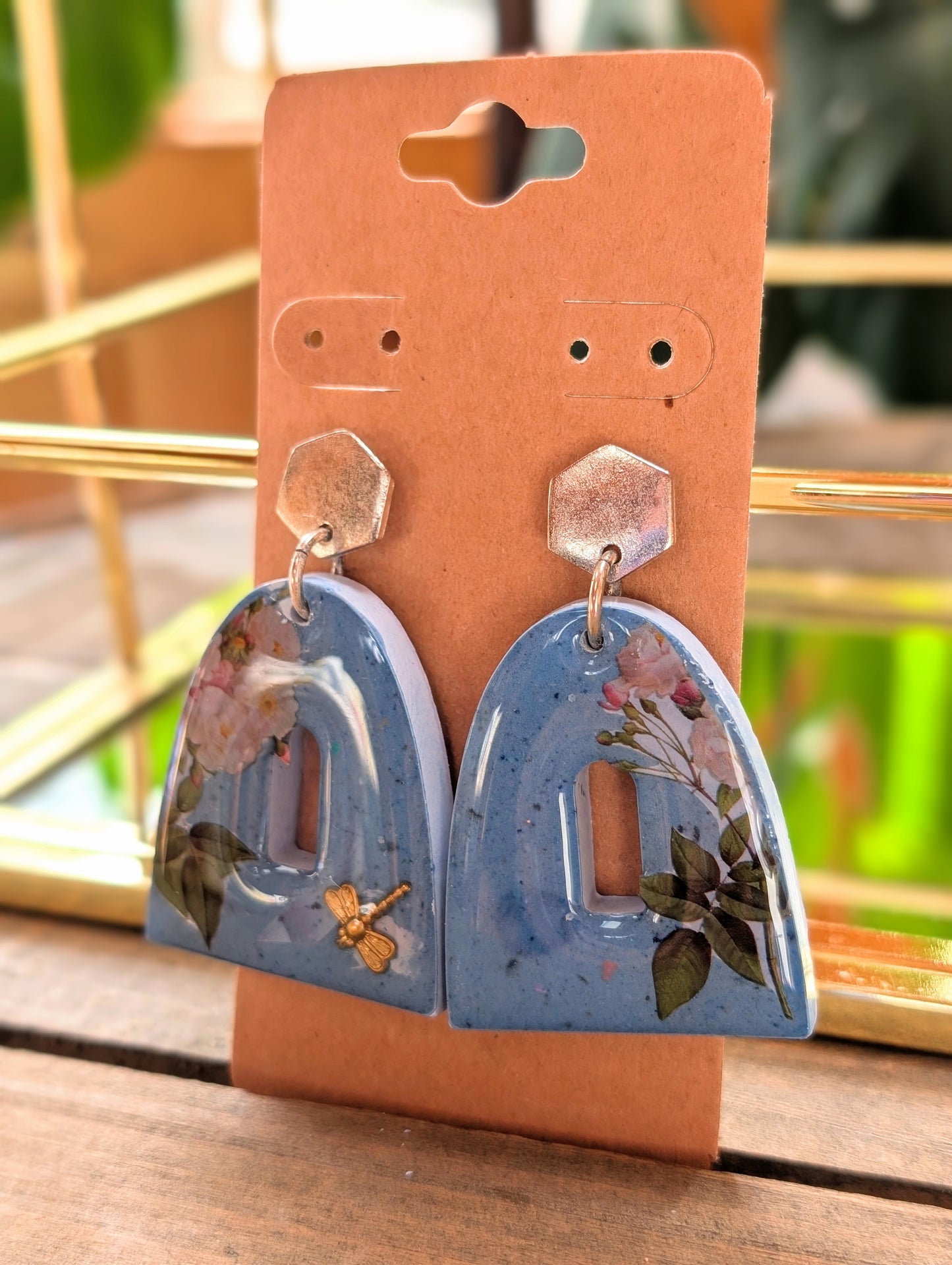 Arched Blue Floral Earrings