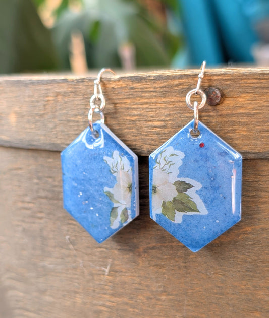Geometric Blue Floral Earrings