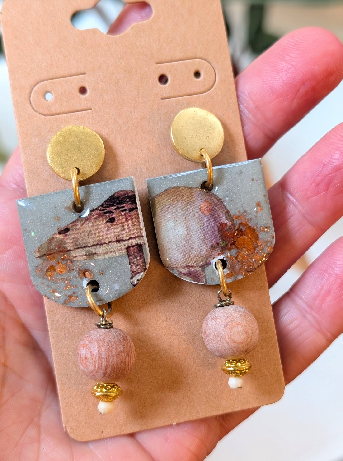 Mushroom Earrings with Wood Beads