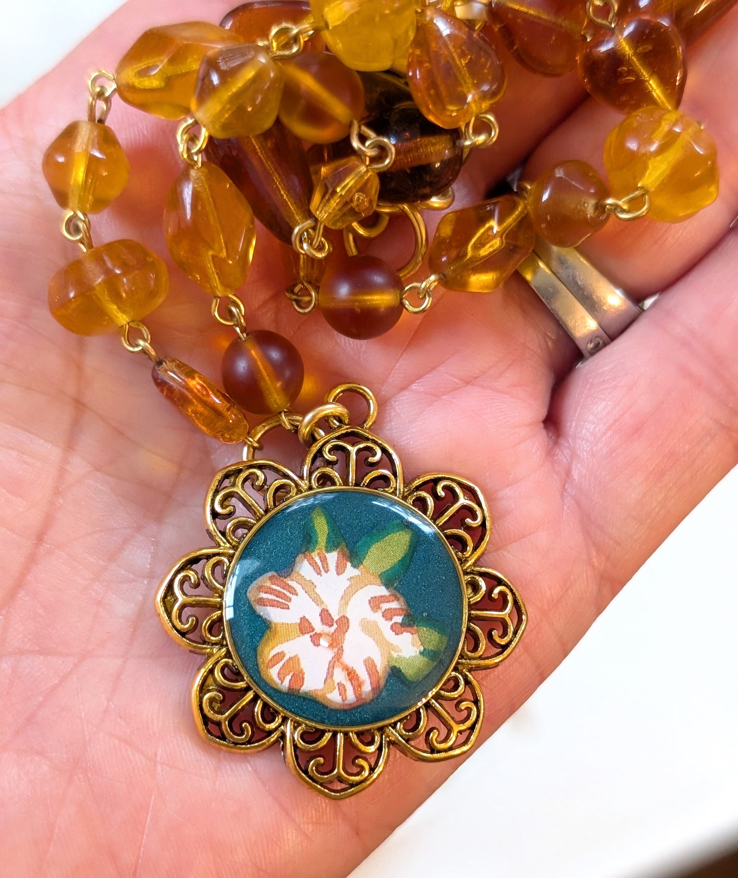 Floral Pendant Necklace with Amber Chain