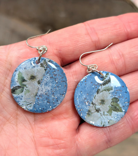 Blue Floral Circle Earrings