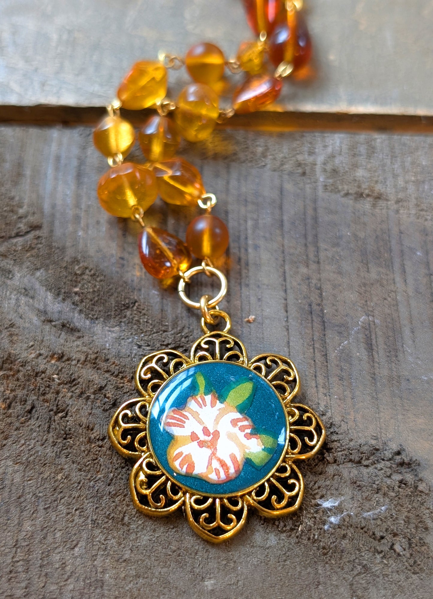 Floral Pendant Necklace with Amber Chain