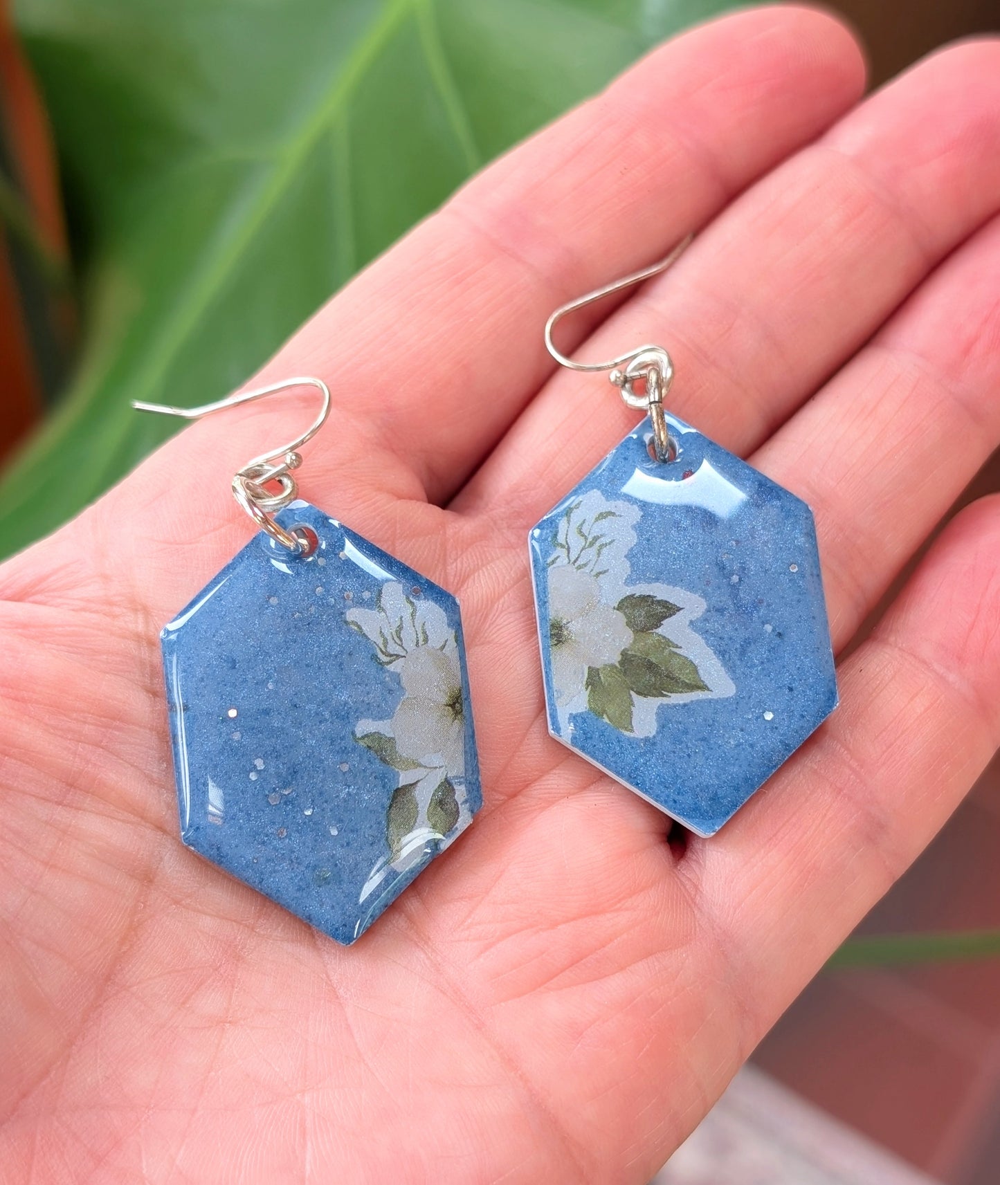 Geometric Blue Floral Earrings