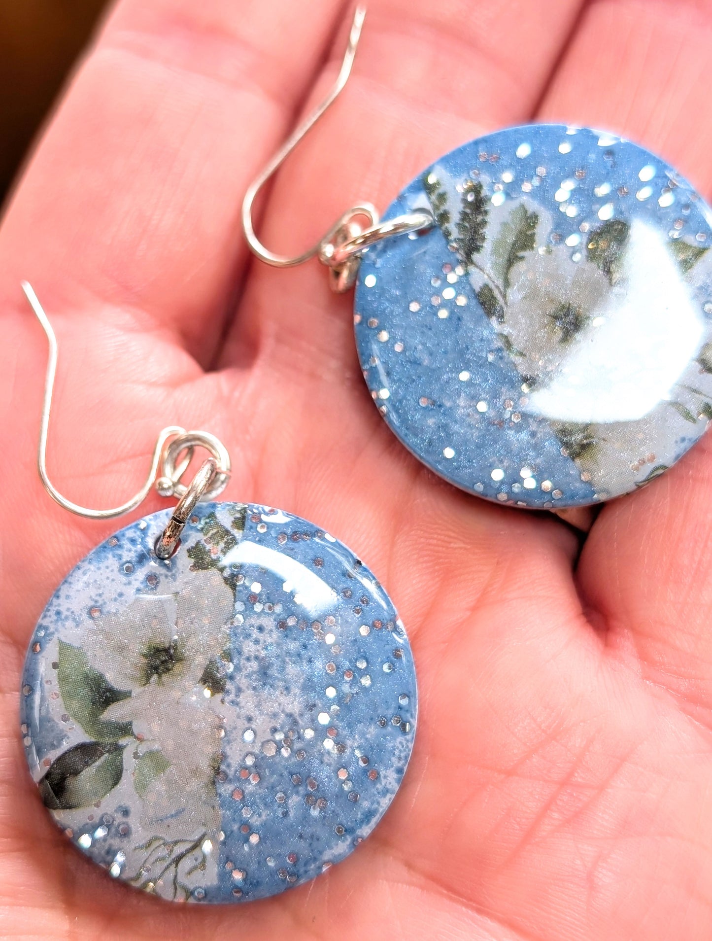 Blue Floral Circle Earrings