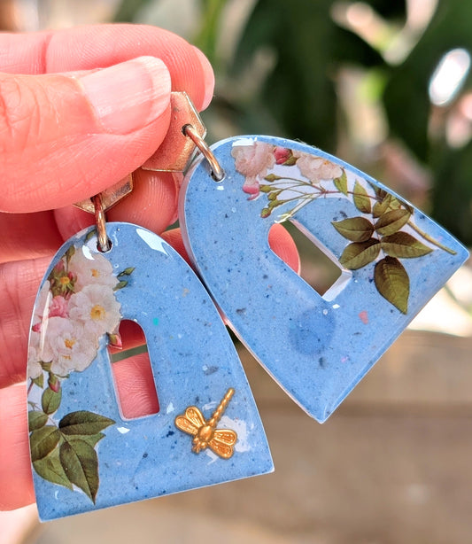 Arched Blue Floral Earrings