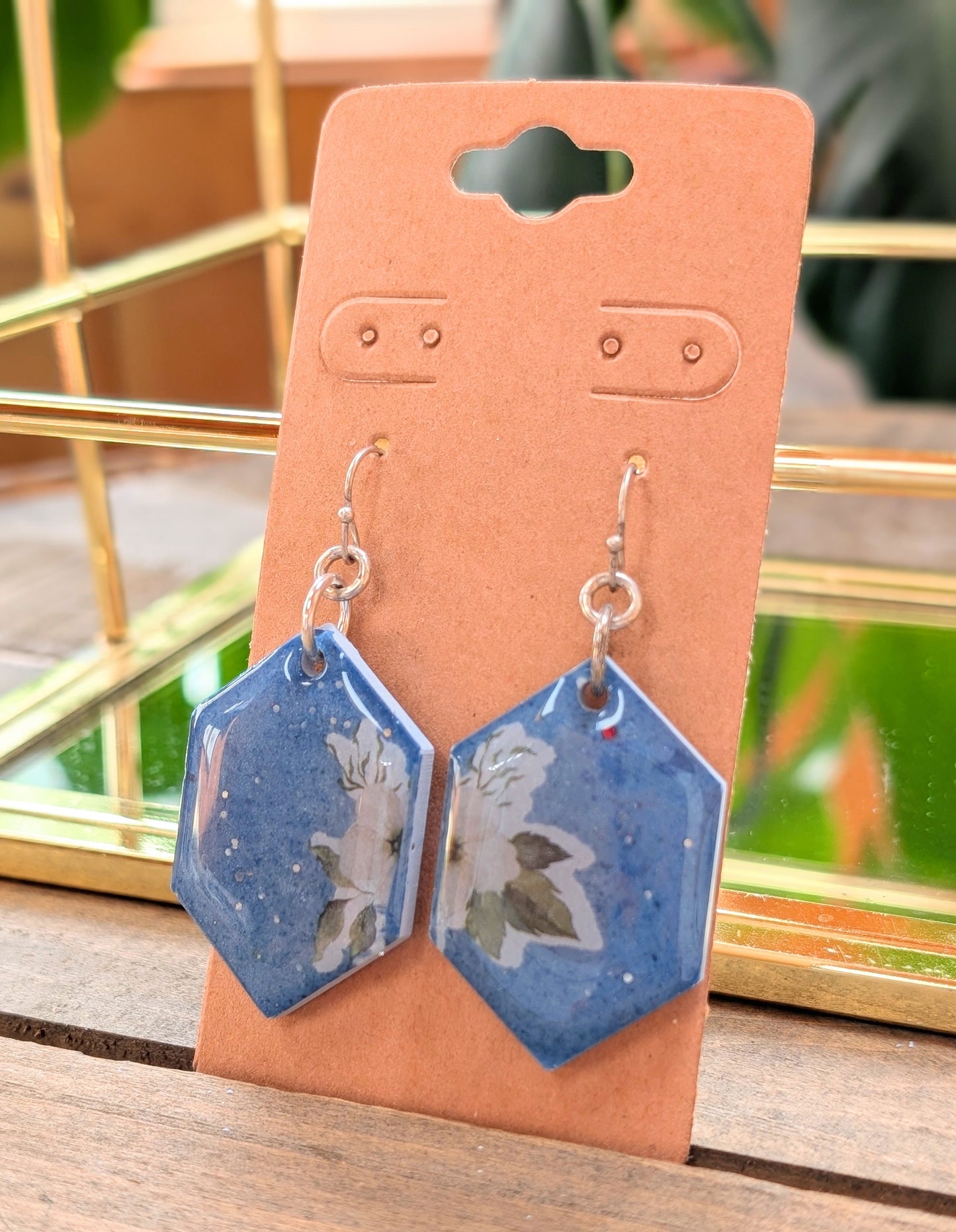 Geometric Blue Floral Earrings