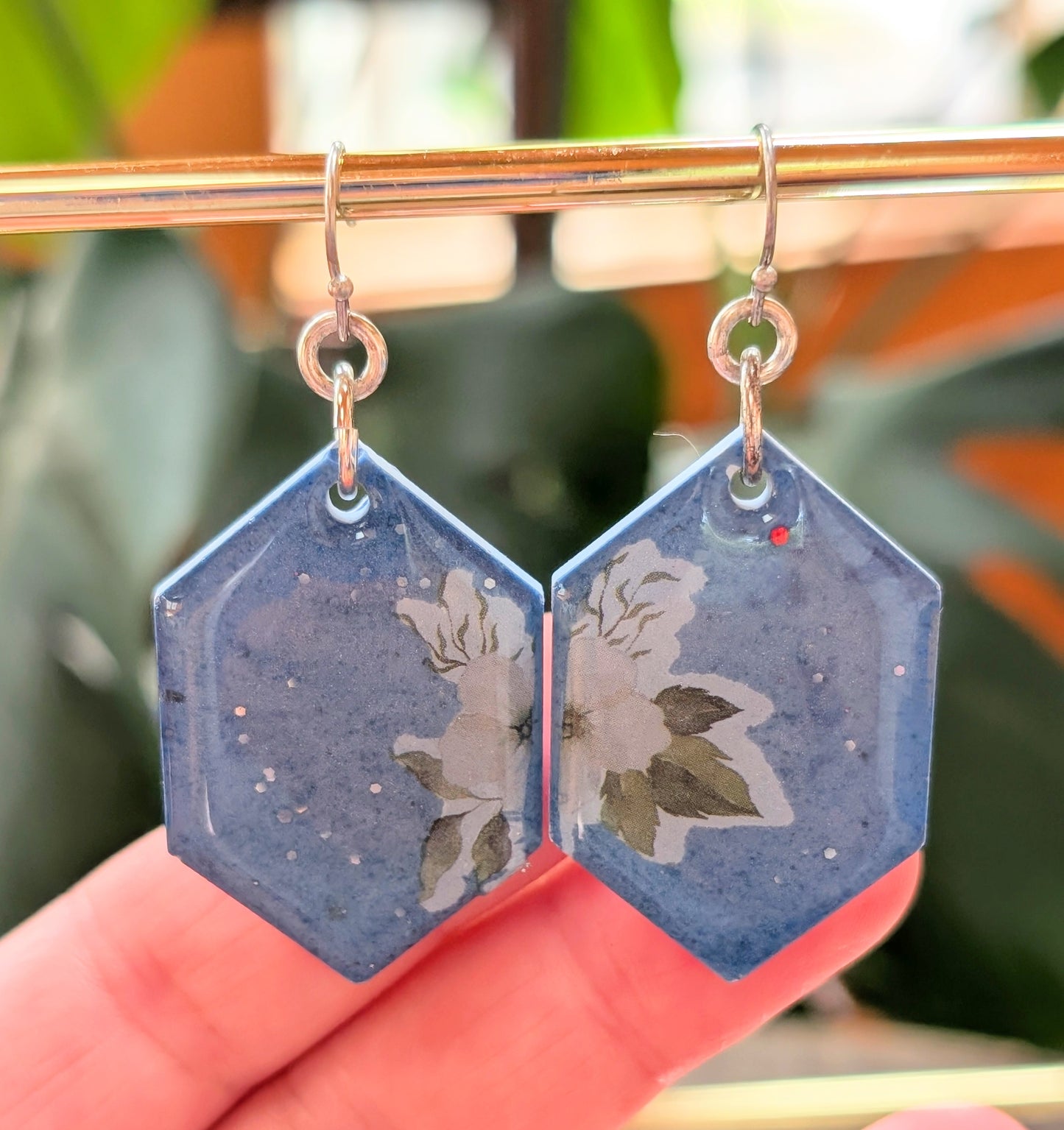 Geometric Blue Floral Earrings