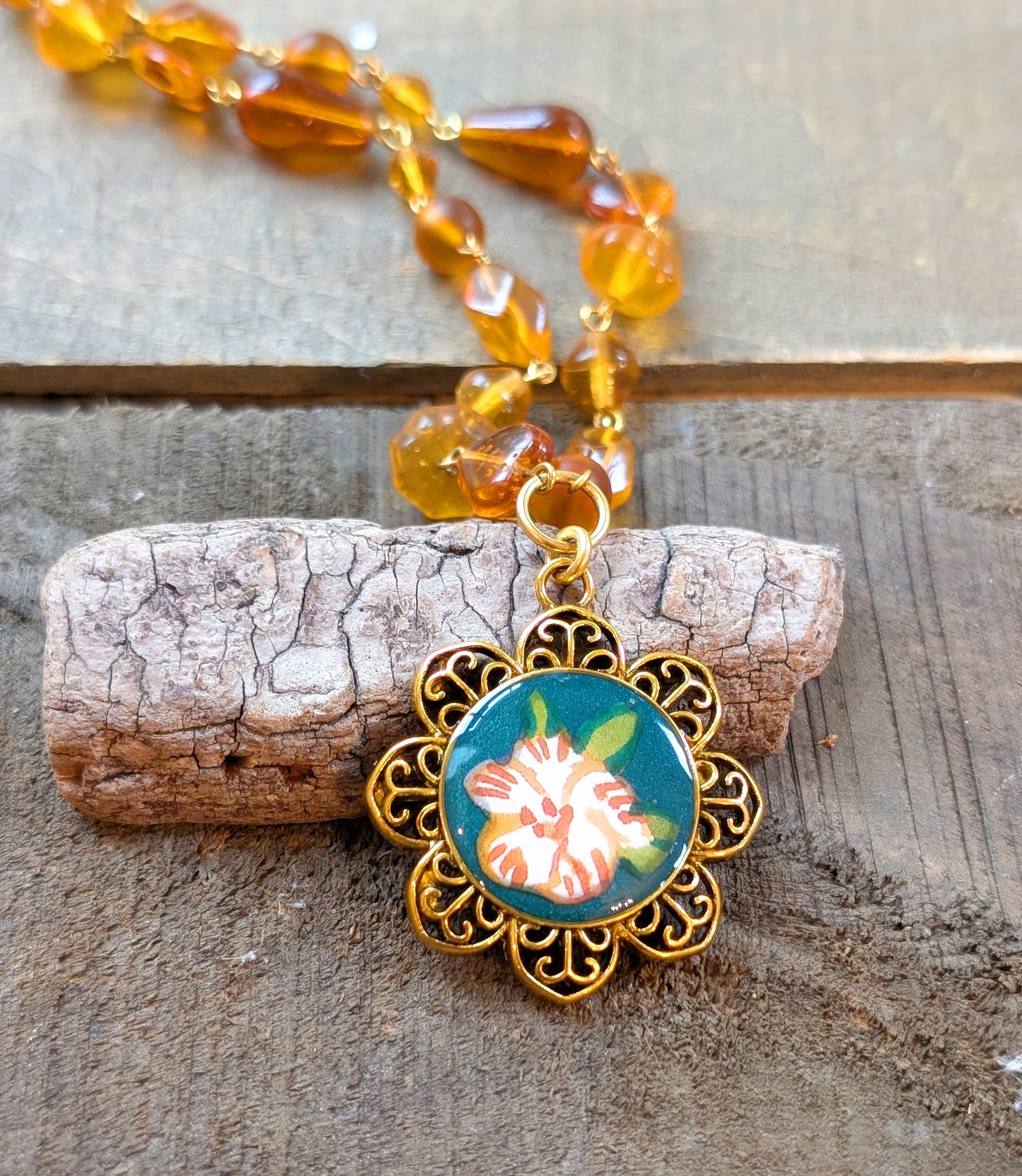 Floral Pendant Necklace with Amber Chain
